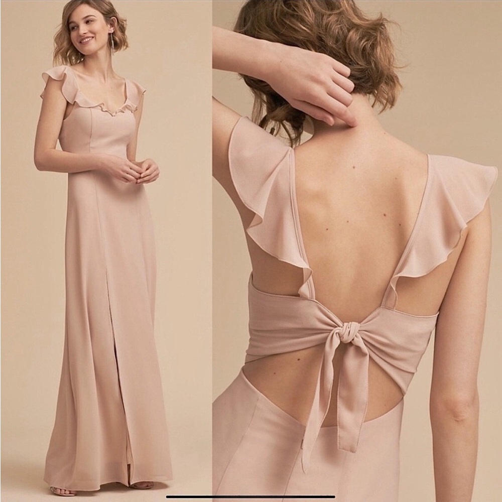 BHLDN Diana Crepe Maxi Prom Dress Nude Beige Pink Flutter Sleeves Ties Wedding